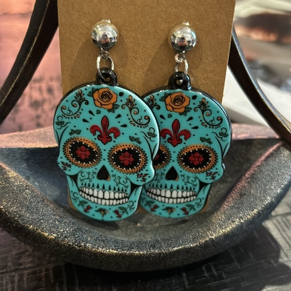 Jewelry - Boutique Acrylic Sugar Skull Printed Dia De Los Muertos Dangle Pierced Earrings‌